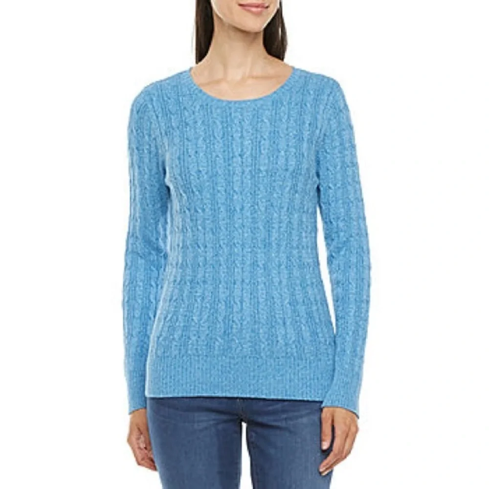 John's Bay Womens Cable Crew Neck‎ Long Sleeve Pullover Sweater color bl…